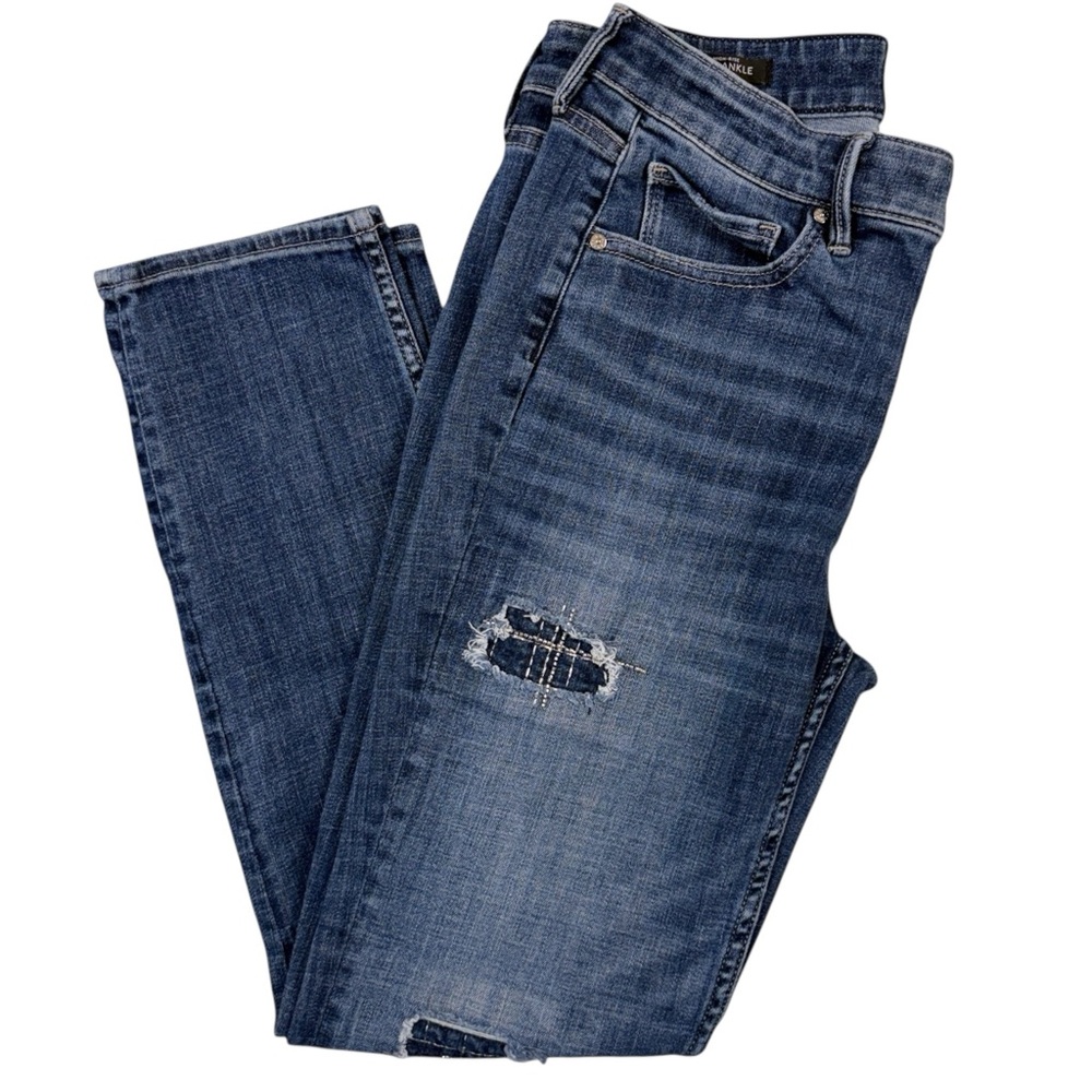 WHBM High Rise Slim Ankle Distressed Jeans Classic Blue Silver Thread Sz 6
